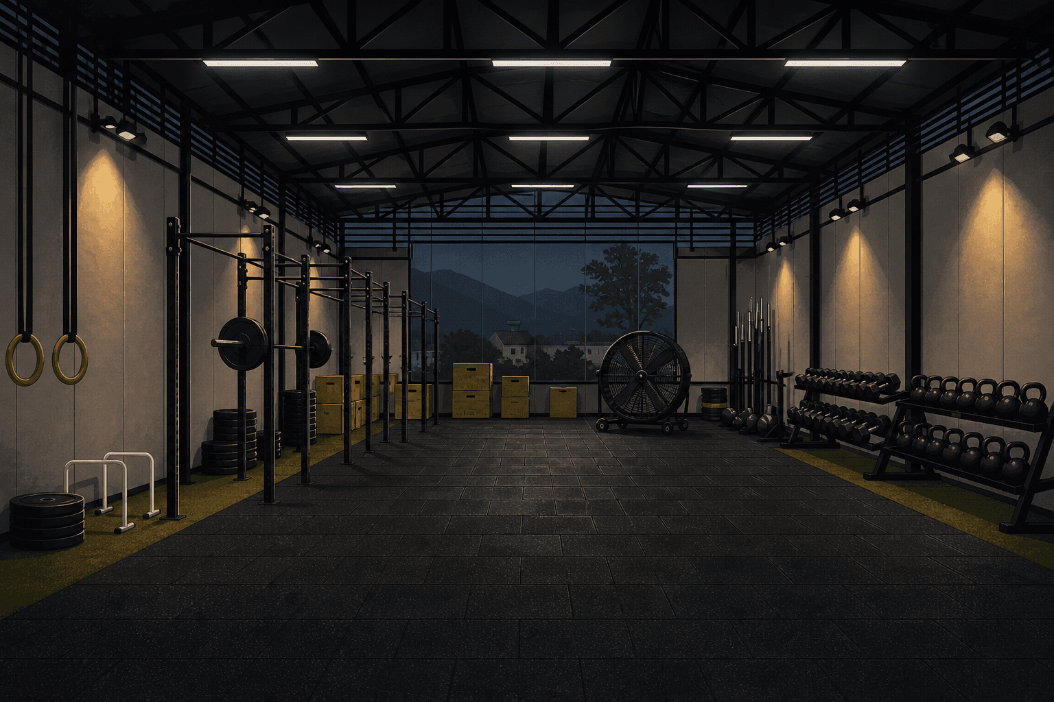 Illustration of the empty Ranbhoomi box with rig, drum fan, racks and the hills beyond